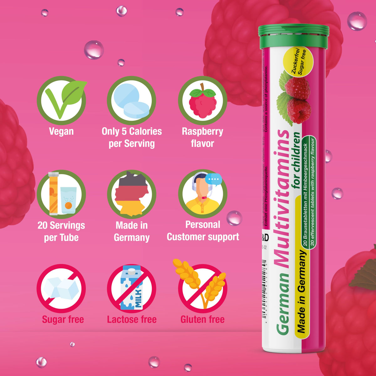 T&D German Multivitamin for Children 60 Drink Effervescent Tablets - Sweet Raspberry Flavour, Sugar Free, Vegan - Vitamin C, E, B1, B2, B6, B12 T&DBuy Supplements Australia
