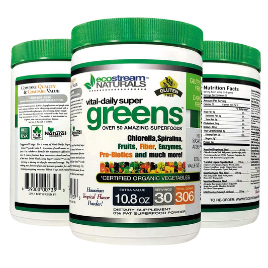 EcoStream Naturals vital-daily super greens supplement container on a white background