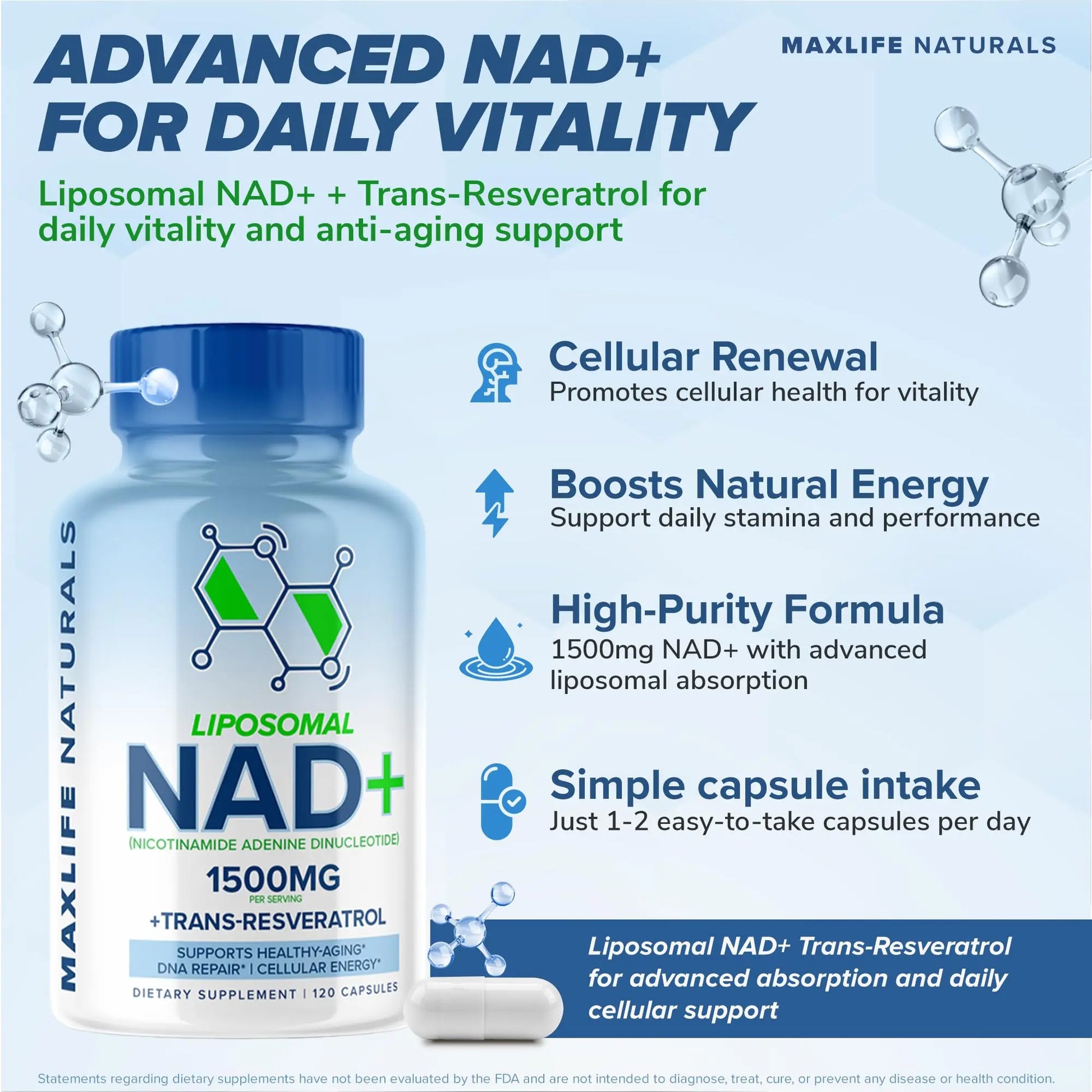Liposomal NAD+ Trans-Resveratrol Supplement 1500mg - 120 Capsules - Liposomal NAD Supplements for Women and Men, High Purity-NAD Cell Regenerator, Cognitive & Anti Aging Supplement for Women & Men MAXLIFE NATURALSBuy Supplements Australia