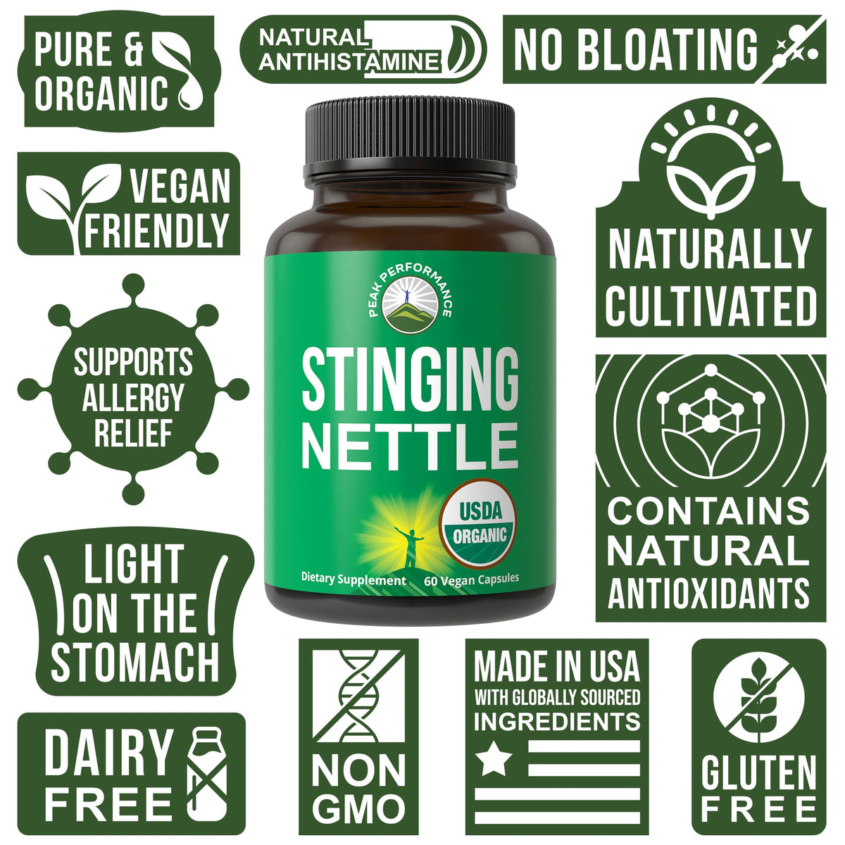 USDA Organic Stinging Nettle Vegan Capsules Made with Stinging Nettle Leaf Powder for Prostate, Hair Growth, Allergy. Better Than Root or Seed Extract. Plant Based Herb Supplement Tablets, 60 Pills Peak PerformanceBuy Supplements Australia