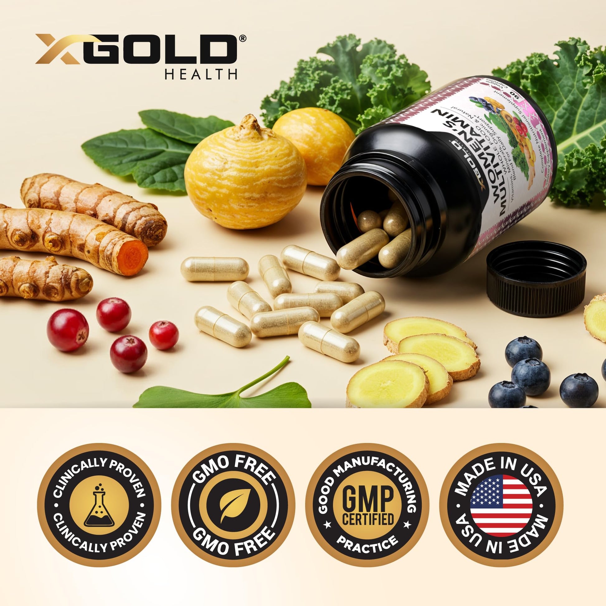 Vegan Women's Daily Multivitamin 50 Plus with Organic WholeFood Based Natural Ingredients, Ginger, Maca, Multi-Vitamin B Complex & More X Gold HealthBuy Supplements Australia
