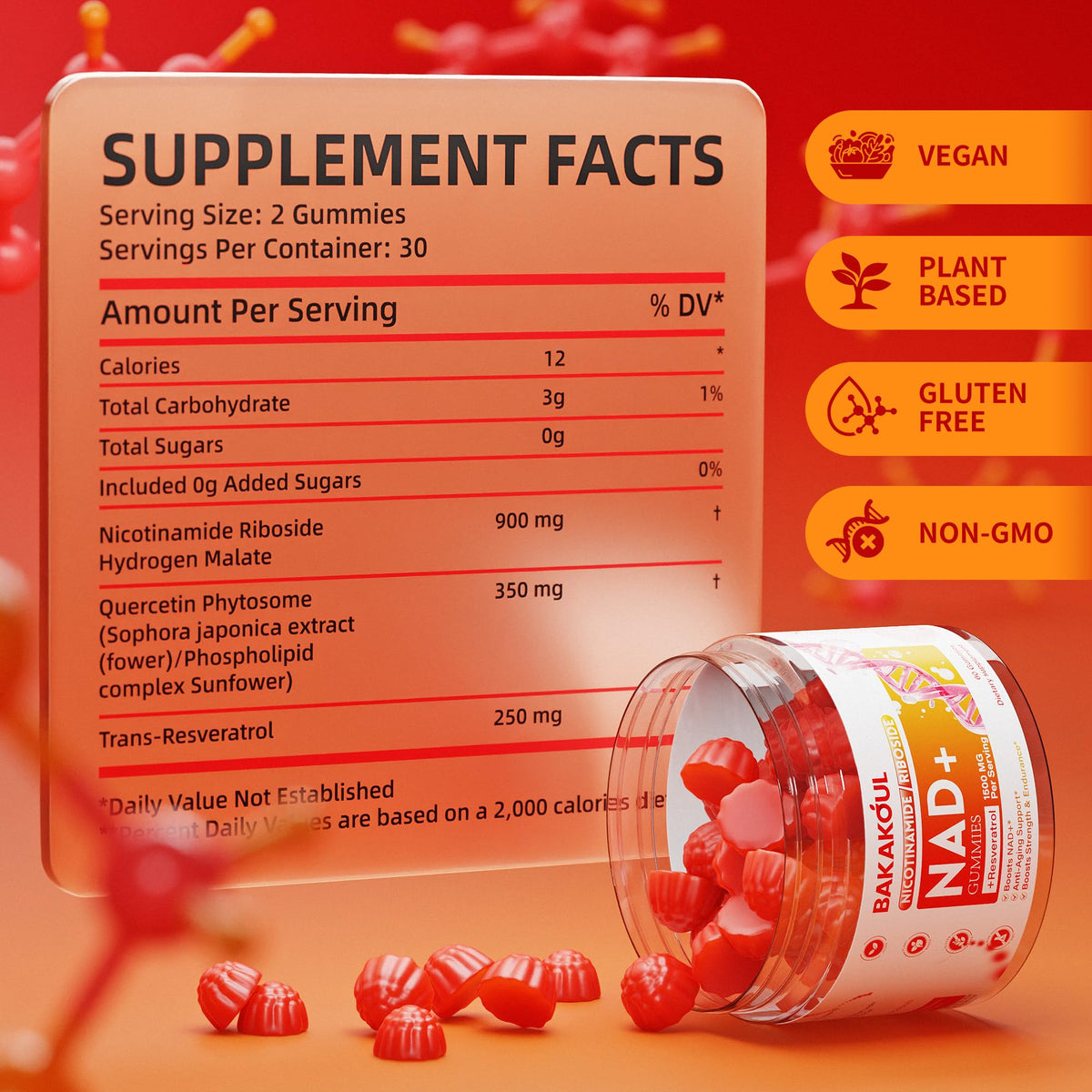 BAKAKOUL NAD Gummies, NAD Supplement - Liposomal Nicotinamide Riboside, Resveratrol, Quercetin, NAD Nicotinamide Riboside Resveratrol 900mg, NAD+ Supplement for Men and Women, 60 Gummies 1 Pack BAKAKOULBuy Supplements Australia