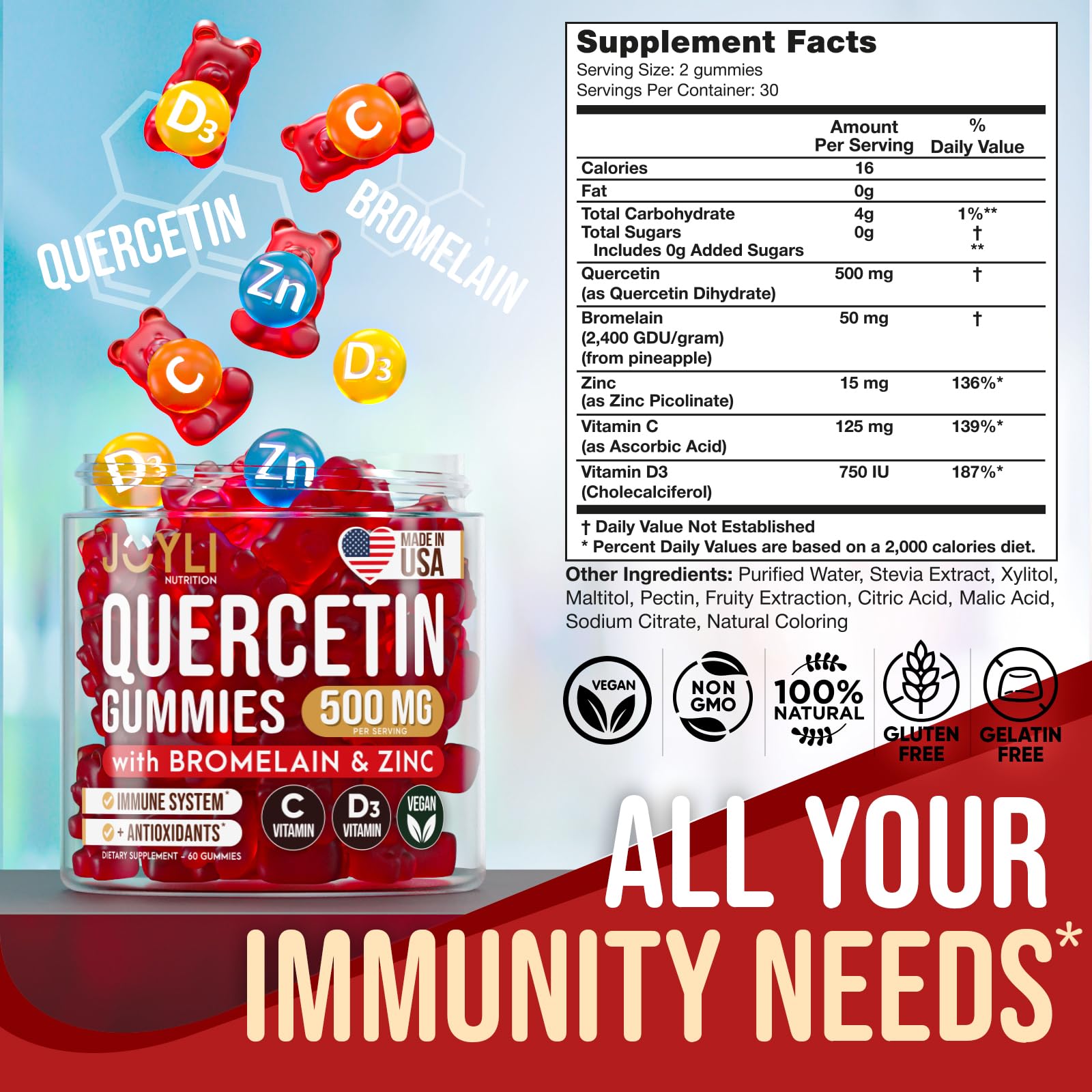 JOYLI Quercetin Gummies - Quercetin with Bromelain Zinc Vitamin C & Vitamin D3 - Quercetin Supplement 500MG for Immune System & Allergy - Quercetin for Kids and Adults - 60 Quercetin Chewable JOYLI NutritionBuy Supplements Australia