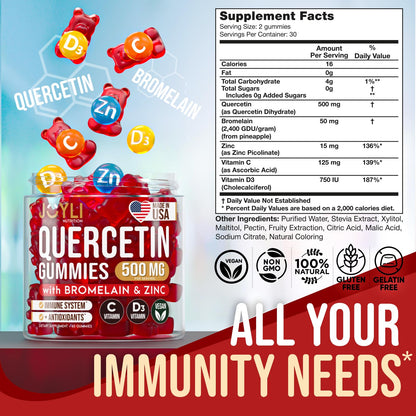 JOYLI Quercetin Gummies - Quercetin with Bromelain Zinc Vitamin C & Vitamin D3 - Quercetin Supplement 500MG for Immune System & Allergy - Quercetin for Kids and Adults - 60 Quercetin Chewable JOYLI NutritionBuy Supplements Australia