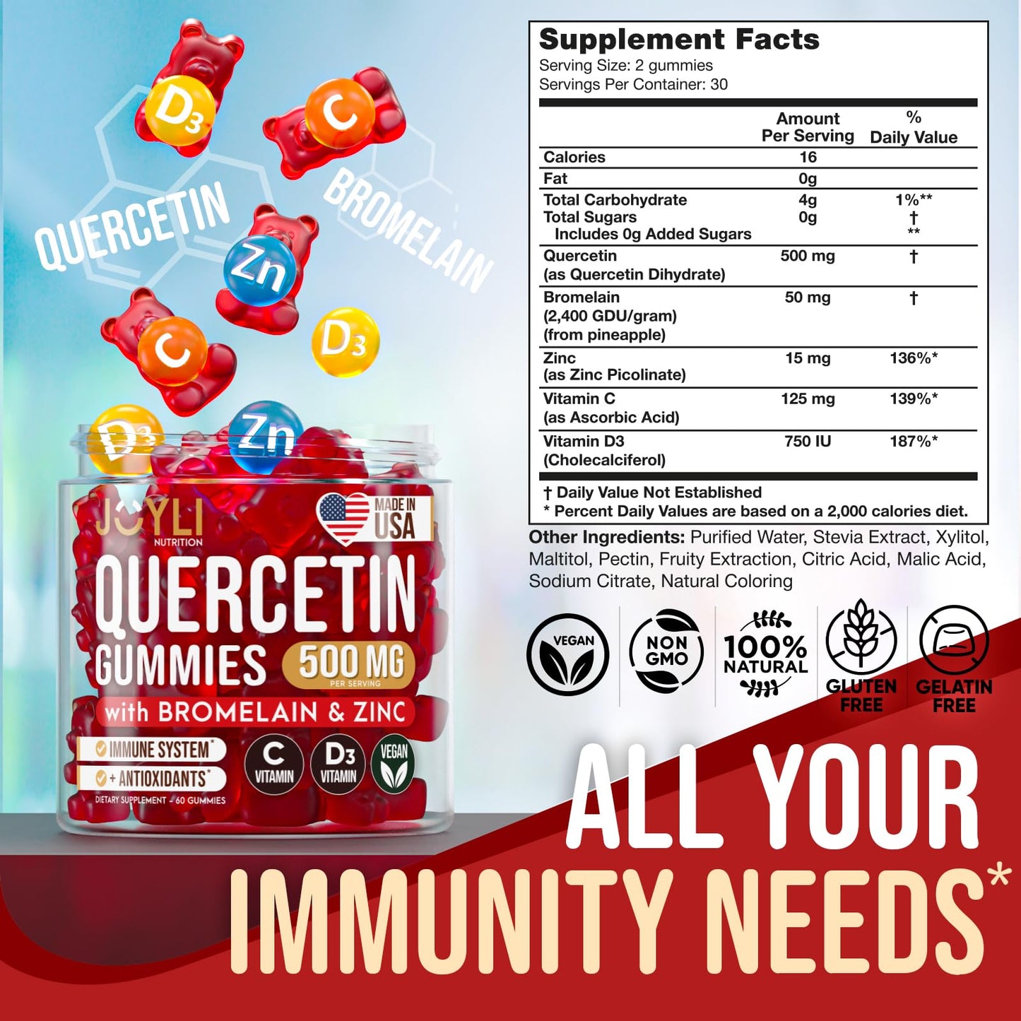JOYLI Quercetin Gummies - Quercetin with Bromelain Zinc Vitamin C & Vitamin D3 - Quercetin Supplement 500MG for Immune System & Allergy - Quercetin for Kids and Adults - 60 Quercetin Chewable JOYLI NutritionBuy Supplements Australia