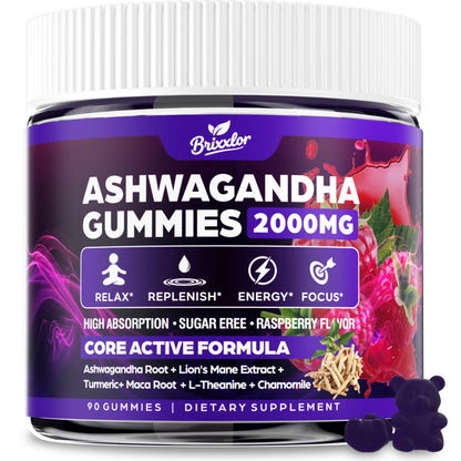 Ashwagandha Gummies - 2000MG Organic Ashwagandha & Lions Mane Gummies for Adults with Vitamin D3 B12, L-Theanine, Cortisol Supplements for Women & Men, Sugar-Free, Vegan, Berry Flavor - 90 Counts BrixxlorBuy Supplements Australia