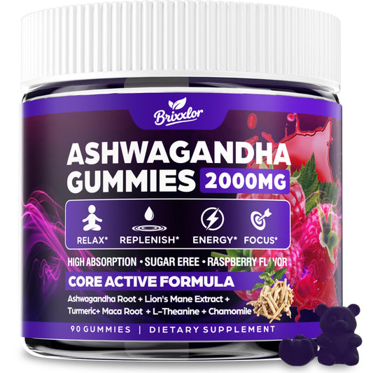 Ashwagandha Gummies - 2000MG Organic Ashwagandha & Lions Mane Gummies for Adults with Vitamin D3 B12, L-Theanine, Cortisol Supplements for Women & Men, Sugar-Free, Vegan, Berry Flavor - 90 Counts BrixxlorBuy Supplements Australia