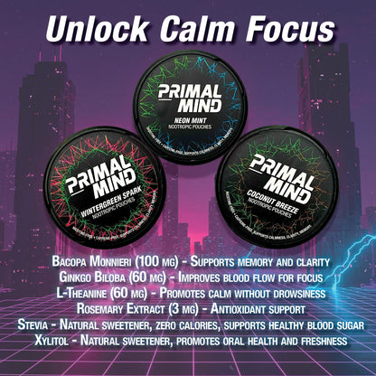 Nootropic Pouches - Primal Mind Caffeine Free Nootropics Pouches Made with Ginkgo Biloba & L-Theanine - Nicotine Free Brain Boost, No Sugar, Cognitive Support – 20 Pouches Per Can, 5 Pack (Neon Mint) Primal PreludeBuy Supplements Australia
