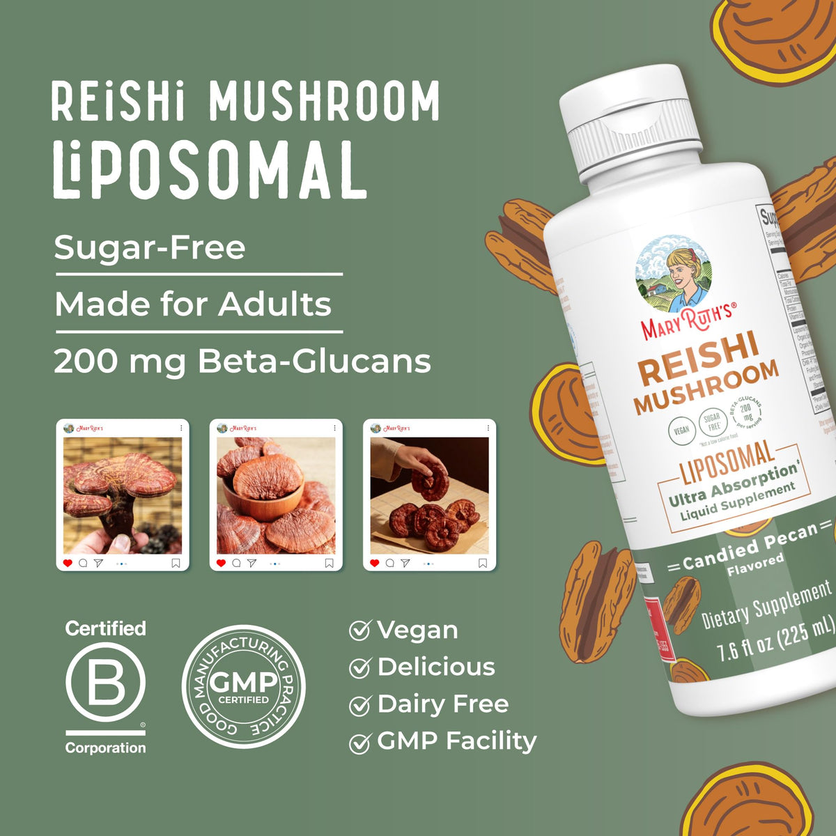 MaryRuth Organics Reishi Vegan Mushroom Supplement | Ultra Absorption Liposomal | Immune Support with 200mg Beta-Glucans, Vegan |Full Spectrum Reishi Mushrooms Fruiting Body | 7.6 oz, MARYRUTH'SBuy Supplements Australia