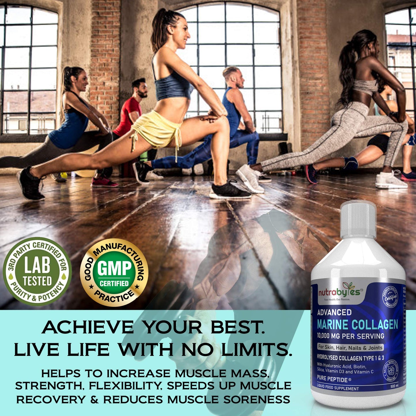 Marine Collagen Liquid 10000mg Sugar Free, Hydrolysed Peptides | Hyaluronic Acid, Biotin, Silica, Vitamin C, Vitamin D3 NUTRABYTESBuy Supplements Australia