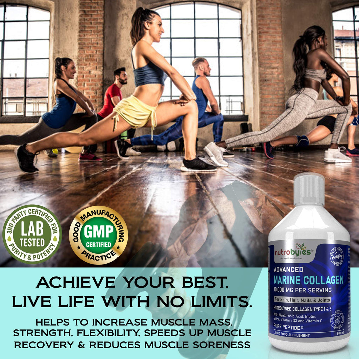 Marine Collagen Liquid 10000mg Sugar Free, Hydrolysed Peptides | Hyaluronic Acid, Biotin, Silica, Vitamin C, Vitamin D3 NUTRABYTESBuy Supplements Australia
