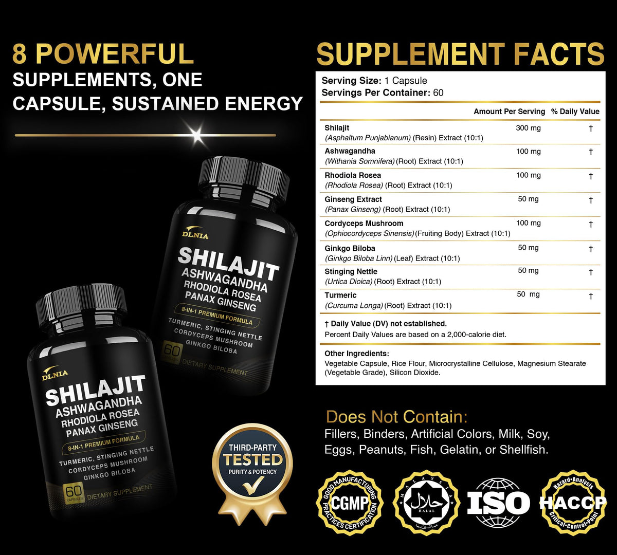 DLNIA 8-in-1 Shilajit for Men & Women with Ashwaganda Himalayan Organic Supplement with Rhodiola Rosea, Ginseng, Turmeric, Mushroom, for Immune Support, Energy, Calm, Focus, Clarity, Sleep, Cortisol DLNIABuy Supplements Australia