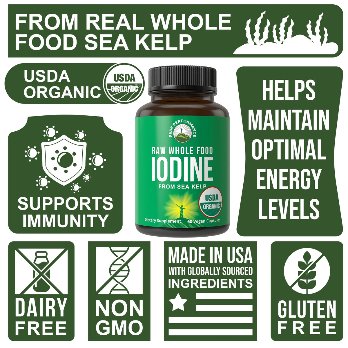 USDA Organic Raw Whole Food Iodine Supplement from Kelp (Ascophyllum Nodosum) - Potassium Iodide Tablets Alternative - for Thyroid, Energy, and Immune Support - 60 Vegan Capsules by Peak Performance Peak PerformanceBuy Supplements Australia