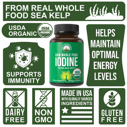 USDA Organic Raw Whole Food Iodine Supplement from Kelp (Ascophyllum Nodosum) - Potassium Iodide Tablets Alternative - for Thyroid, Energy, and Immune Support - 60 Vegan Capsules by Peak Performance Peak PerformanceBuy Supplements Australia