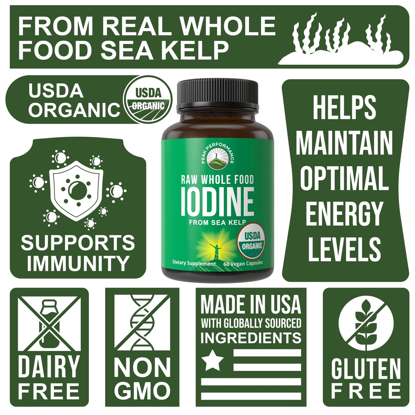 USDA Organic Raw Whole Food Iodine Supplement from Kelp (Ascophyllum Nodosum) - Potassium Iodide Tablets Alternative - for Thyroid, Energy, and Immune Support - 60 Vegan Capsules by Peak Performance Peak PerformanceBuy Supplements Australia