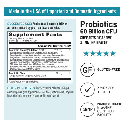 NatureWise Probiotics 60 Billion CFU - 17 Strains + Organic Prebiotics - Immune, Digestive & Gut Health Support for Women & Men - Vegetarian, Gluten-Free, Non-GMO - 30 Capsules[1-Month Supply] NatureWiseBuy Supplements Australia