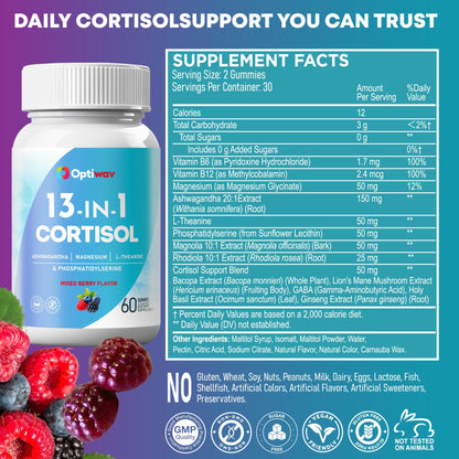 Optiwav Cortisol Reducer Gummies for Women Men - 13-in-1 Daily Cortisol Detox Manager Supports Stress Mood Balance Focus & Health Balance - Reduce High Cortisol with Ashwagandha Magnesium L-Theanine OptiwavBuy Supplements Australia