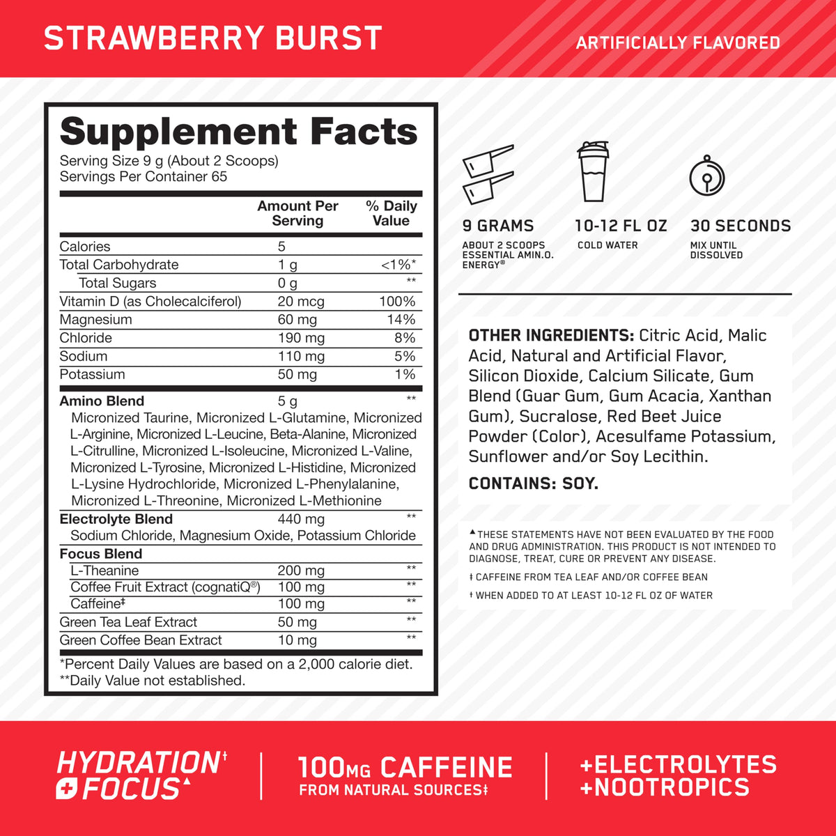 Optimum Nutrition Amino Energy Powder Plus Focus, with BCAA, Electrolytes, and Caffeine, Strawberry Burst, 65 Servings Optimum NutritionBuy Supplements Australia