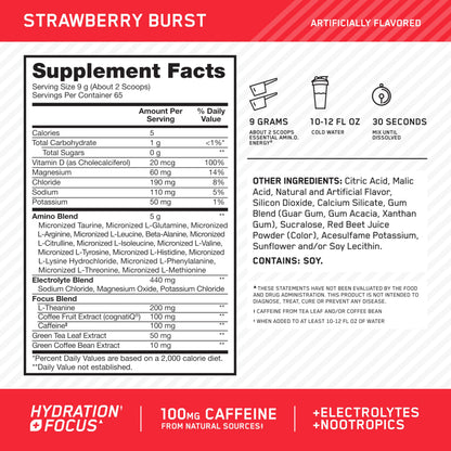 Optimum Nutrition Amino Energy Powder Plus Focus, with BCAA, Electrolytes, and Caffeine, Strawberry Burst, 65 Servings Optimum NutritionBuy Supplements Australia
