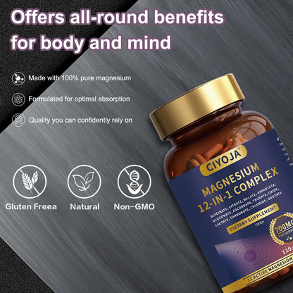 12-in-1 Magnesium Complex for Women Men: Magnesium Glycinate 700mg with Citrate, Malate Taurate Chelated Forms - High Absorption Magnesium Supplement for Relaxation Muscle Heart - 120 Vegan Capsules CIYOJA buy supplements Au