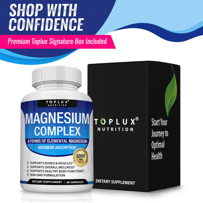 Magnesium Complex Supplement 8 Elemental 1000mg - Magnesium Glycinate, Citrate, Malate, Taurate, Chelated for Easy Absorption for Bones
