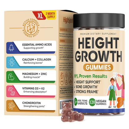Height Growth Increase Vitamin Gummies, Calcium 100mg, Magnesium Glycinate 30mg, Zinc, Ashwagandha, Vitamin K2 D3 25mg Grow Tall Maximizer Supplement, Multivitamin for Kids, Teens Boy & Girl, Adults HighSpotBuy Supplements Australia