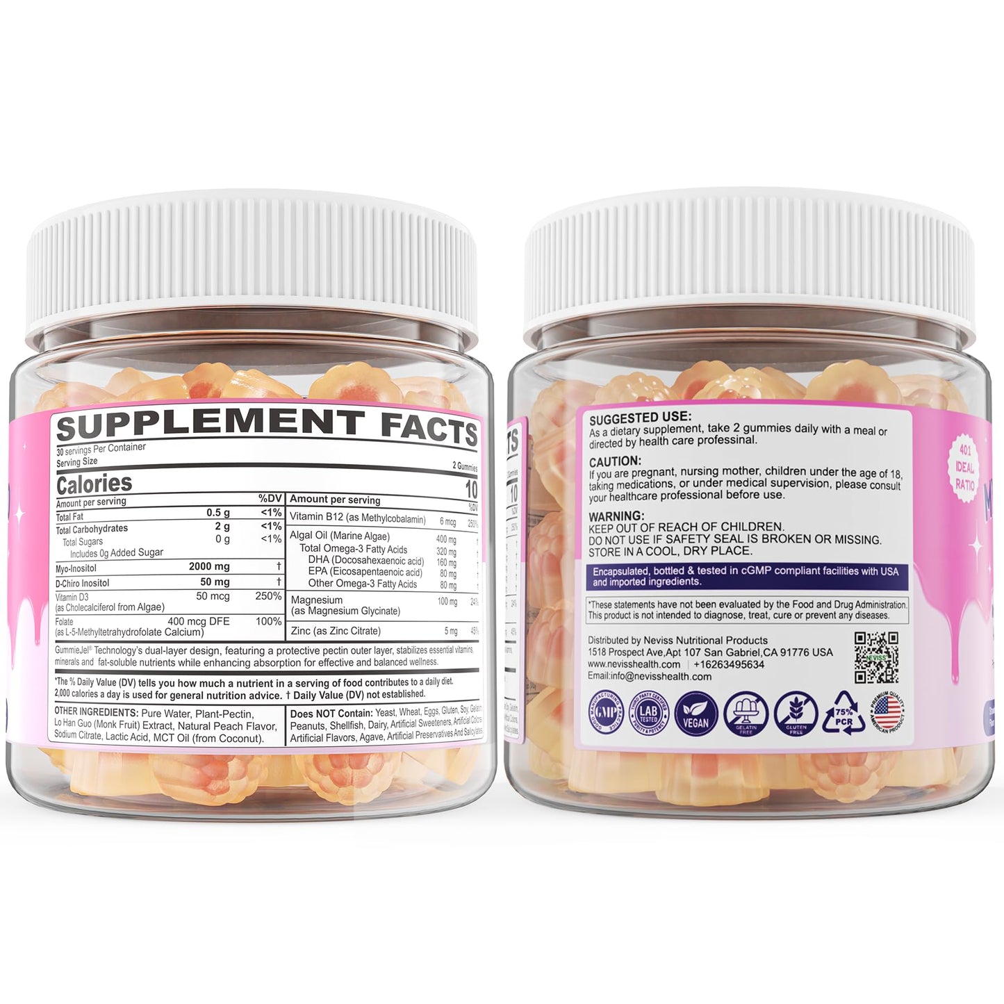 Myo-Inositol & D-Chiro Inositol, Hormone Balance for Women | Sugar Free Inositol Gummies w/Omega 3, MTHF Folate, Vitamin D3, B12, Magnesium & Zinc for Ovarian Health, Ideal 40:1 Ratio, Vegan, 60 Cts NEVISSBuy Supplements Australia