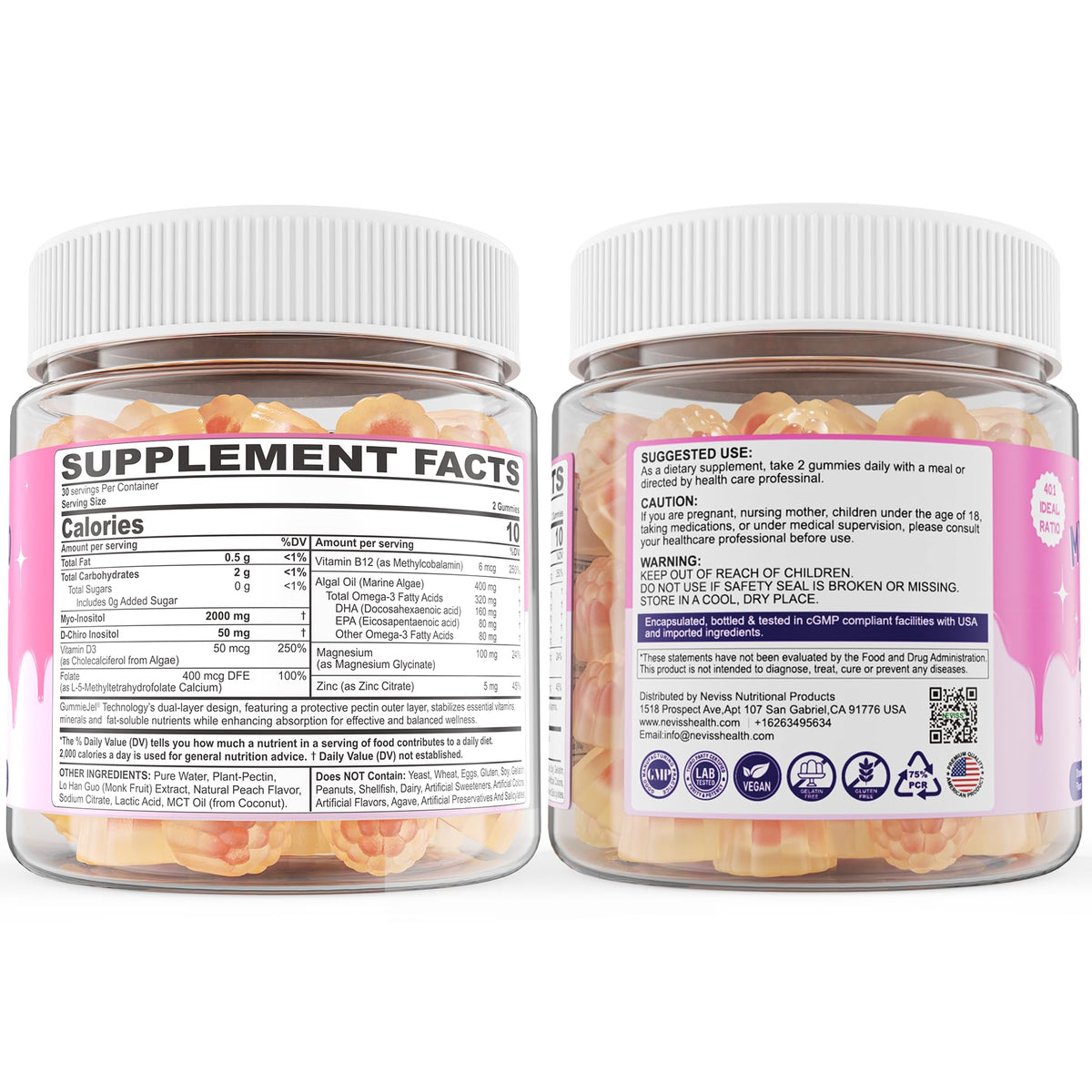 Myo-Inositol & D-Chiro Inositol, Hormone Balance for Women | Sugar Free Inositol Gummies w/Omega 3, MTHF Folate, Vitamin D3, B12, Magnesium & Zinc for Ovarian Health, Ideal 40:1 Ratio, Vegan, 60 Cts NEVISSBuy Supplements Australia