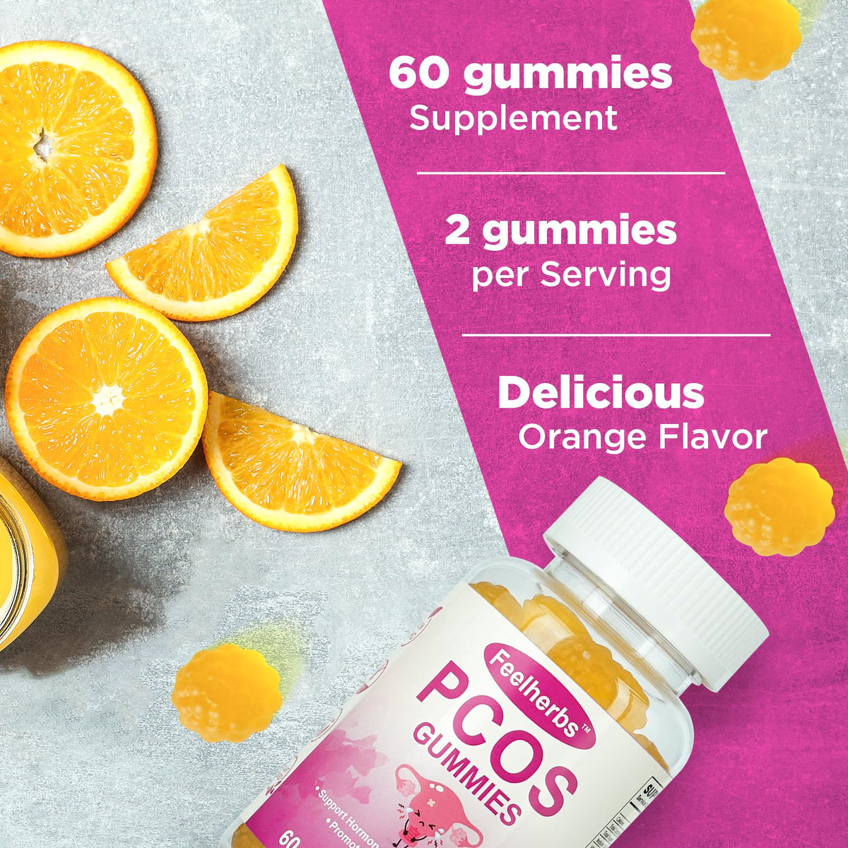 PCOS Gummies for Women Menstrual Cycle & Hormonal Balance, 60 Count Ovarian Support Gummies with Myo-Inositol, Folate and Vitamins, Orange Flavor PCOS Vitamins Gummies Helps Fertility and Ovulation FeelherbsBuy Supplements Australia