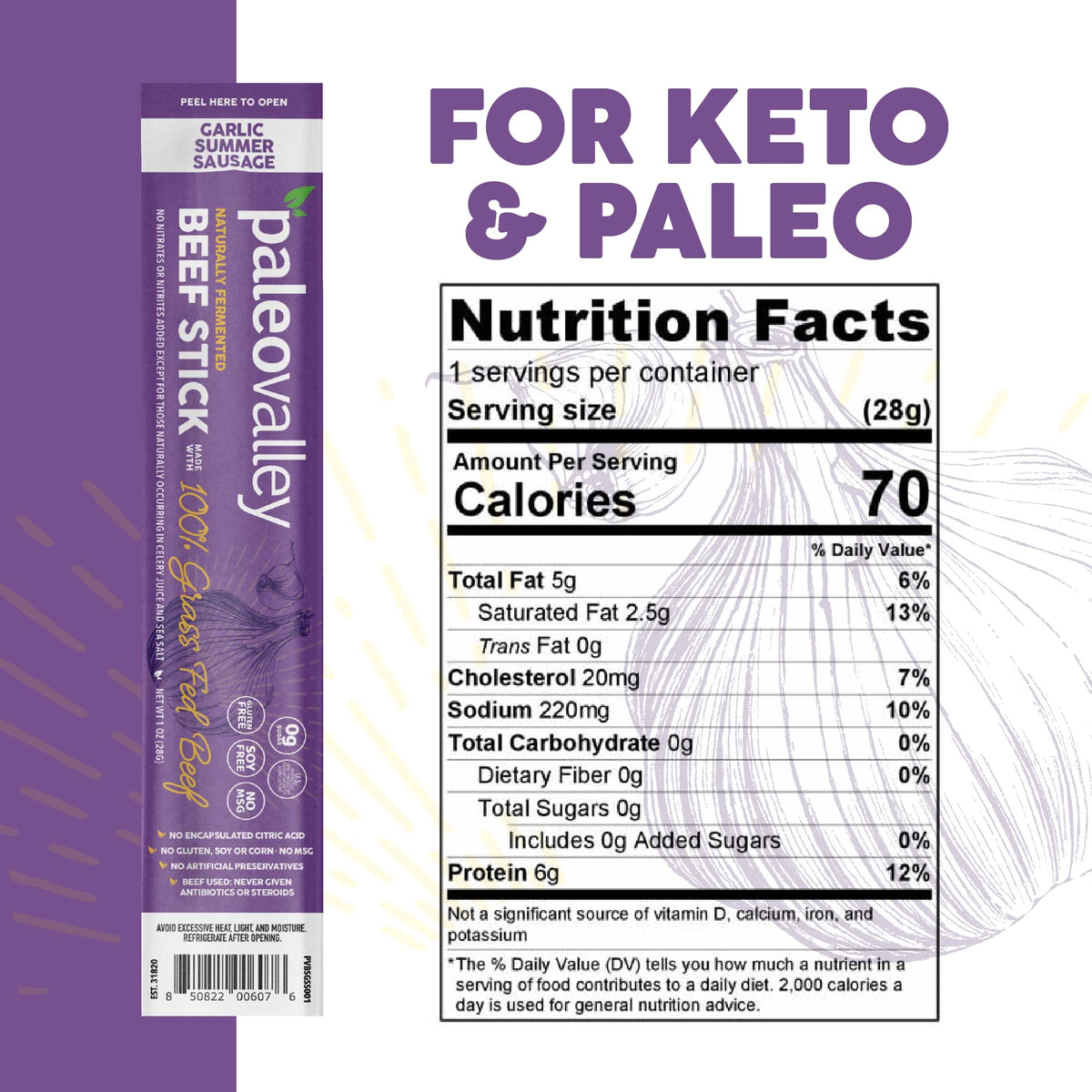 Paleovalley 100% Grass Fed Garlic Summer Sausage Beef Sticks - Delicious Gluten Free Beef Snack - High Protein Keto Friendly PaleovalleyBuy Supplements Australia