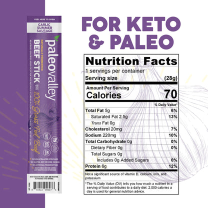 Paleovalley 100% Grass Fed Garlic Summer Sausage Beef Sticks - Delicious Gluten Free Beef Snack - High Protein Keto Friendly PaleovalleyBuy Supplements Australia
