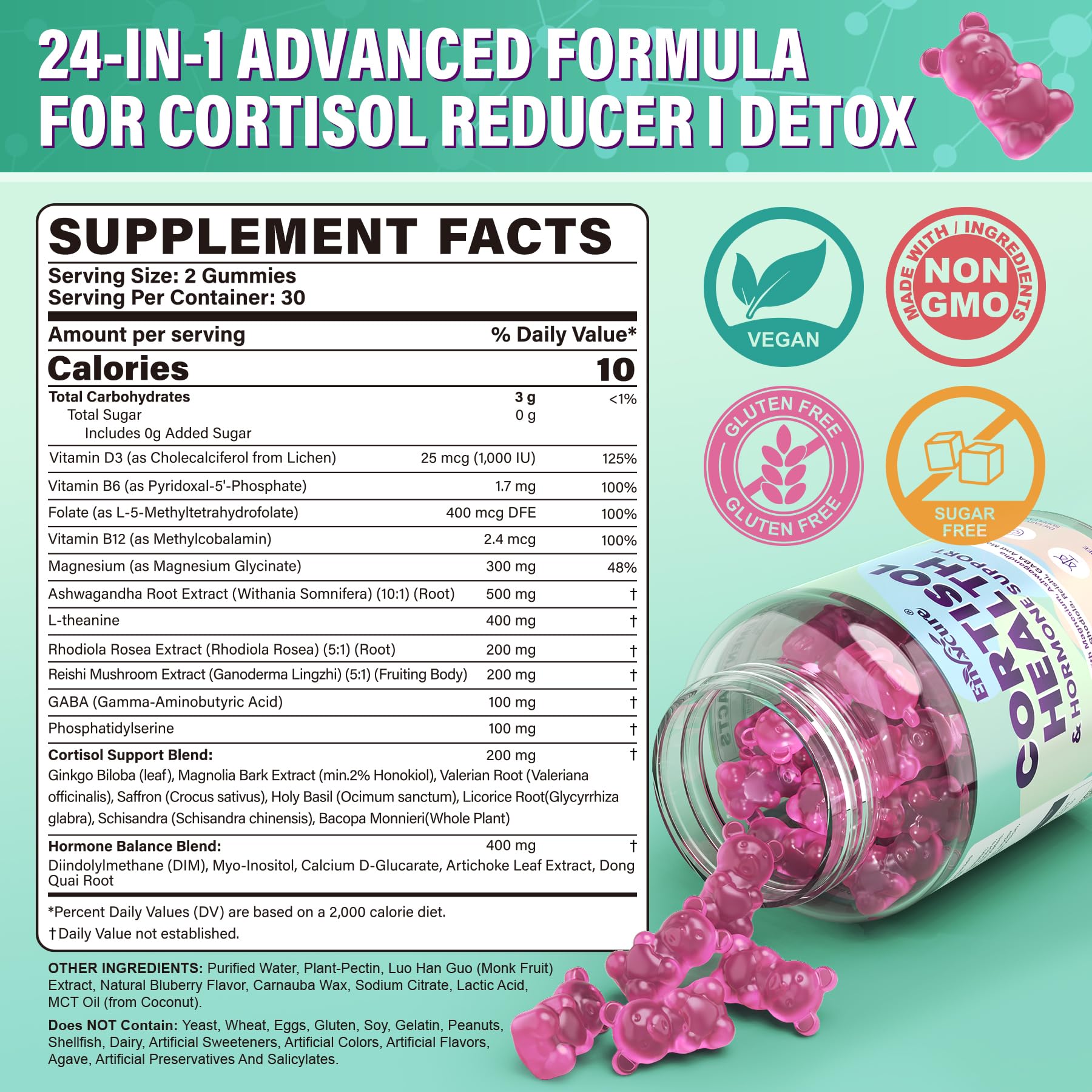 Cortisol Supplements for Women & Men, Cortisol Reducer Gummies w/ Magnesium, Ashwagandha, L-Theanine, Rhodiola, Reishi, 24 IN 1 Cortisol Detox Manager for Calm Mood, Focus & Relaxation,Vegan, 120 Cts EnvyCureBuy Supplements Australia