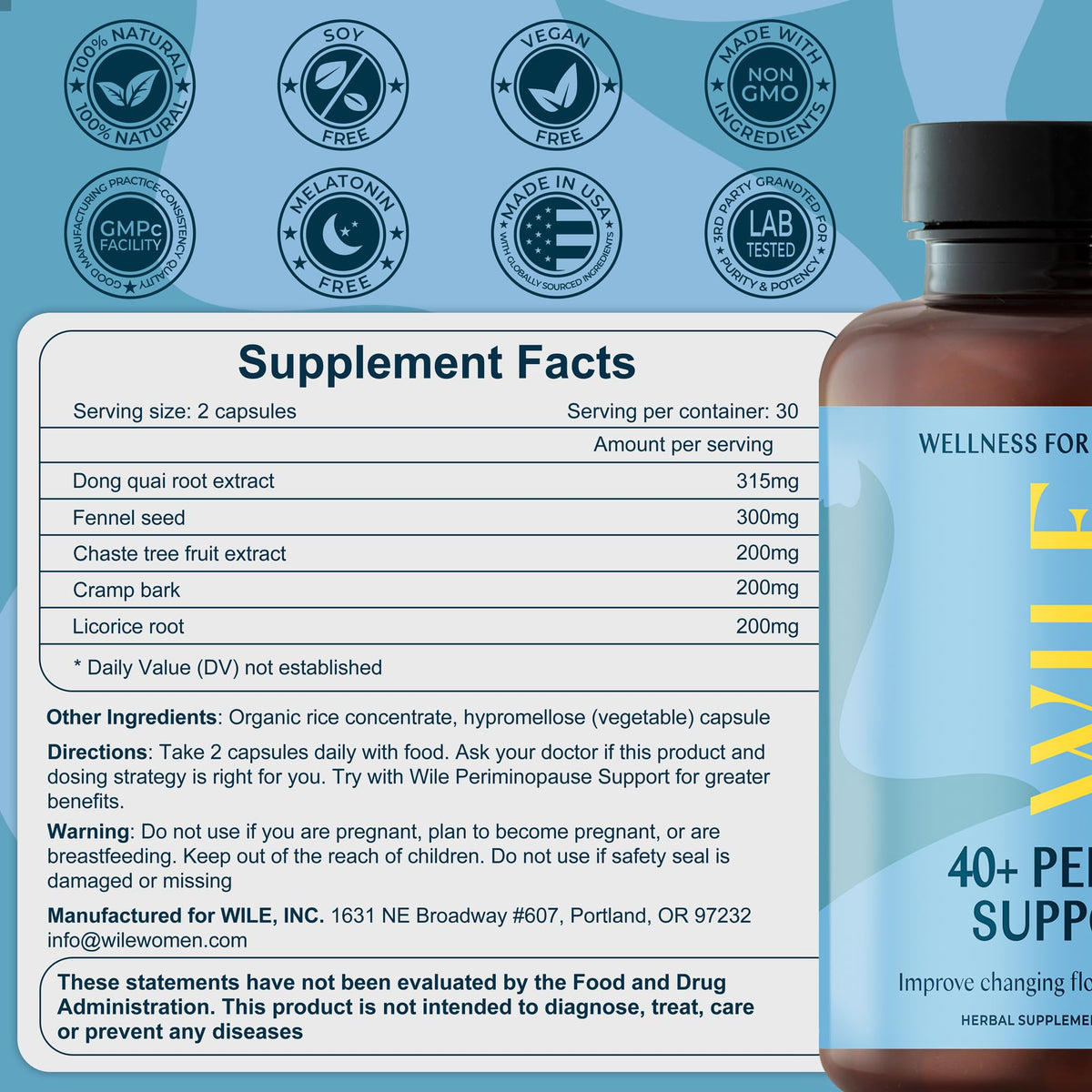 WILE Menopause and Perimenopause Supplements for Women - Menstrual Cramp, PMS and Heavy Period Relief with Dong Quai - Premenopausal Support for Hormone Balance & Improved Mood, Vegan, 30 Servings WILEBuy Supplements Australia
