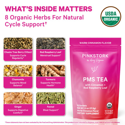 Pink Stork Organic PMS Tea for Hormone Balance, Mood Swings, Bloating, and Period Regularity - 8 Herbs - Vitex, Red Raspberry Leaf, Chamomile - Caffeine-Free - 15 Sachets, Hot or Iced Pink StorkBuy Supplements Australia