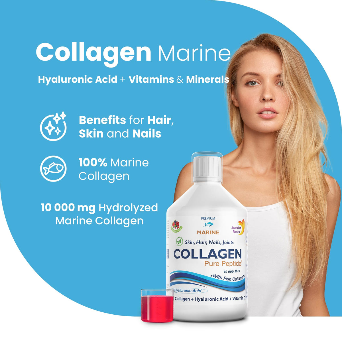 Marine Liquid Collagen 10000mg 500 ml I Pure Hydrolyzed Collagen Peptides Swedish NutraBuy Supplements Australia
