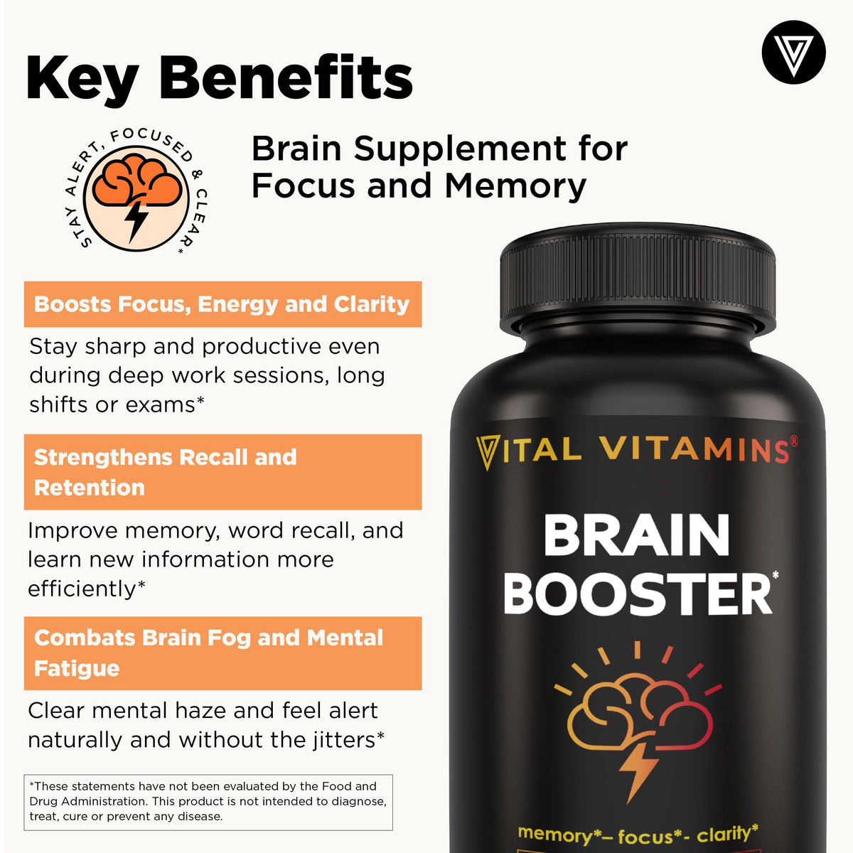 Vital Vitamins Brain Supplements with Bacopa Monnieri - for Memory and Focus – Nootropic Brain Booster - Caffeine-Free Support for Adults & Seniors – Non-GMO, 30-Day Supply, 30 Capsules Vital VitaminsBuy Supplements Australia