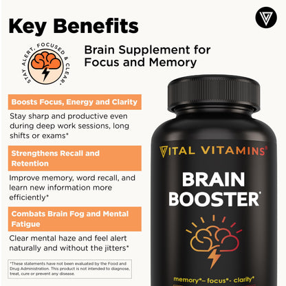 Vital Vitamins Brain Supplements with Bacopa Monnieri - for Memory and Focus – Nootropic Brain Booster - Caffeine-Free Support for Adults & Seniors – Non-GMO, 30-Day Supply, 30 Capsules Vital VitaminsBuy Supplements Australia