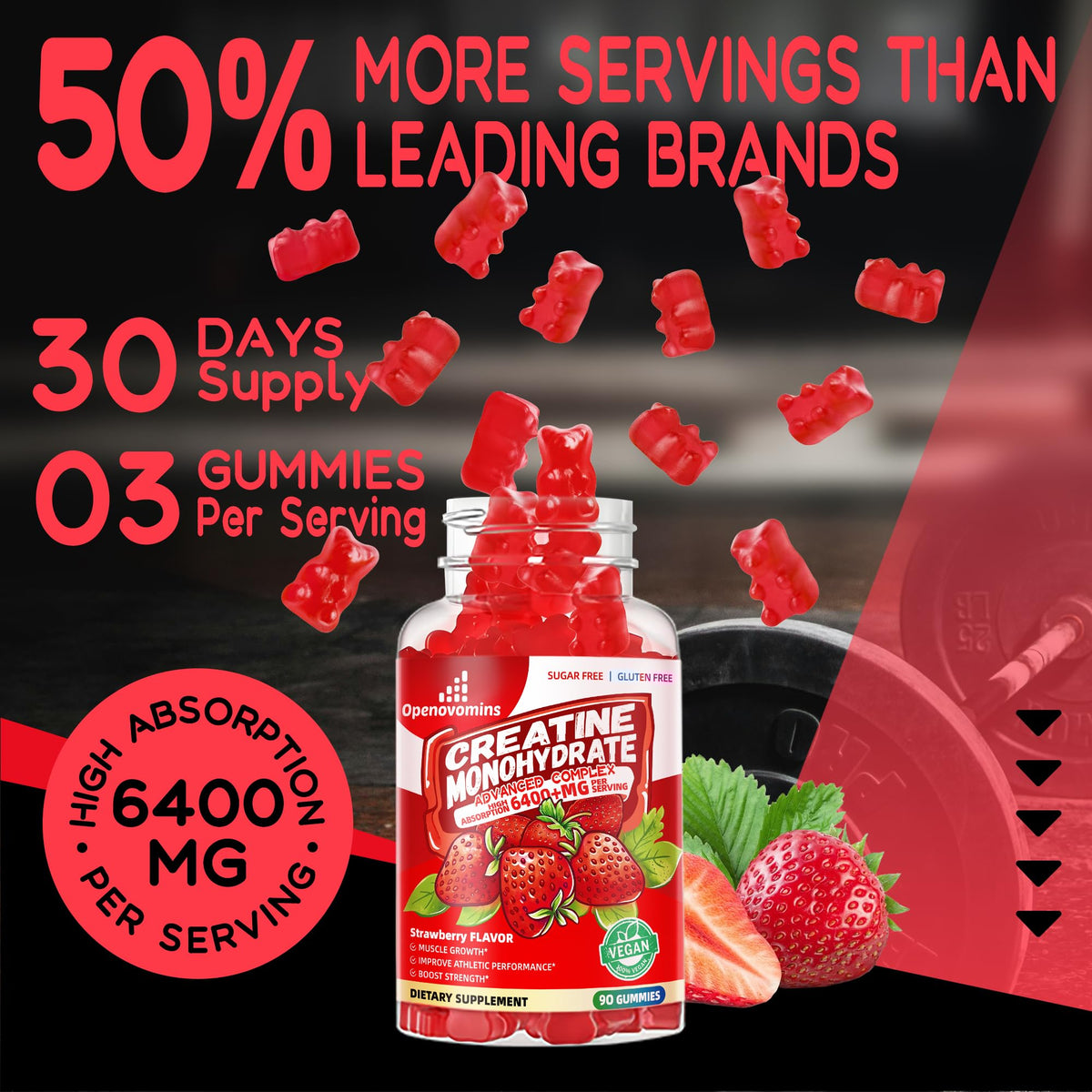 Creatine Monohydrate Gummies Complex for Men & Women -Advanced Formula W/L-Taurine + Vitamin B12, Sugar Free Chewable Supplement,90 Strawberry Gummies OpenovominsBuy Supplements Australia