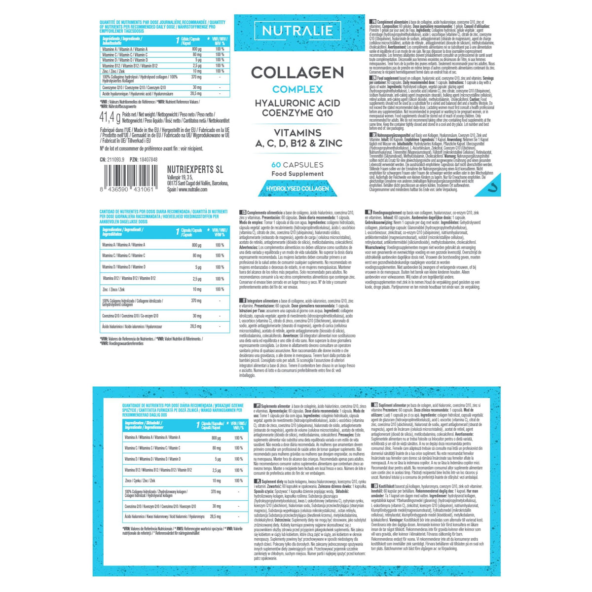 Collagen + Hyaluronic Acid + Q10 Hydrolysed Collagen Women Men + Vitamins A C D B12 Zinc NUTRALIEBuy Supplements Australia