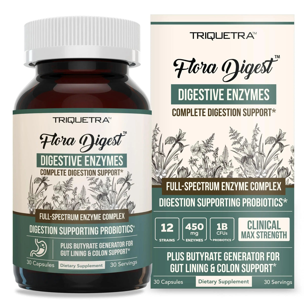 Flora Digest - 3-in-1 Max Strength Digestive Enzymes + Gut Surviving Probiotics & ButyraGen® Postbiotic for Optimal Digestion, Bloating Relief, Regularity, Gut Lining & Colon Support - (30 Capsules) Triquetra HealthBuy Supplements Australia