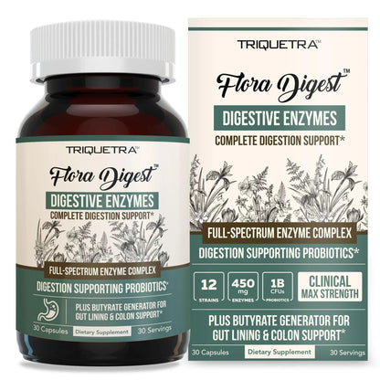 Flora Digest - 3-in-1 Max Strength Digestive Enzymes + Gut Surviving Probiotics & ButyraGen® Postbiotic for Optimal Digestion, Bloating Relief, Regularity, Gut Lining & Colon Support - (30 Capsules) Triquetra HealthBuy Supplements Australia