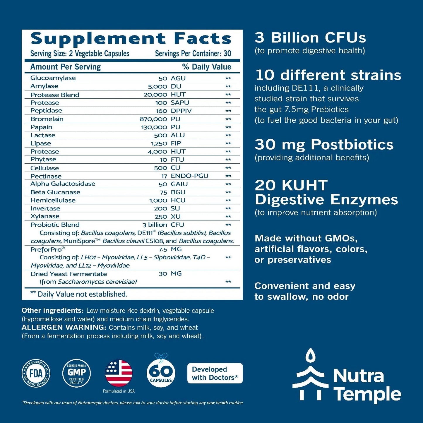 NUTRATEMPLE 4 in 1 Pre Post Probiotics & Digestive Enzymes for Women & Men - Digestive Health, Gut & Immune Support for Occasional Constipation, Diarrhea, Gas & Bloating – 60 Veggie Capsules NUTRATEMPLEBuy Supplements Australia