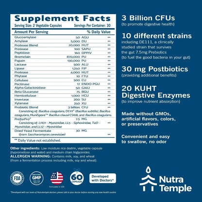 NUTRATEMPLE 4 in 1 Pre Post Probiotics & Digestive Enzymes for Women & Men - Digestive Health, Gut & Immune Support for Occasional Constipation, Diarrhea, Gas & Bloating – 60 Veggie Capsules NUTRATEMPLEBuy Supplements Australia