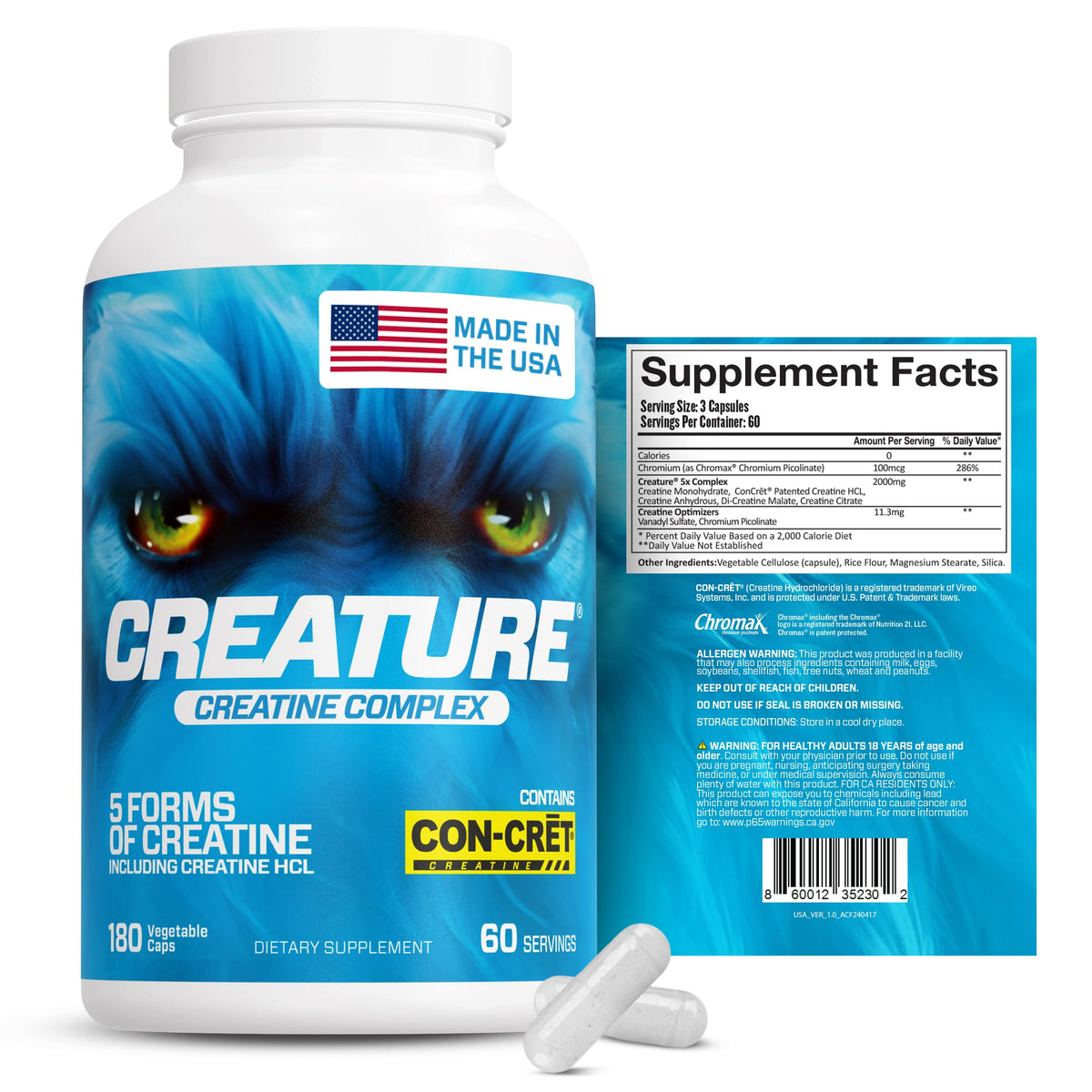 CREATURE® Creatine Complex - Creatine Monohydrate Capsules with 5 Types of Creatine Including Con-Crēt® Creatine HCL, Promotes Muscle, Strength, Endurance, Brain Health, 180 Veggie Caps, 60 Servings CREATUREBuy Supplements Australia