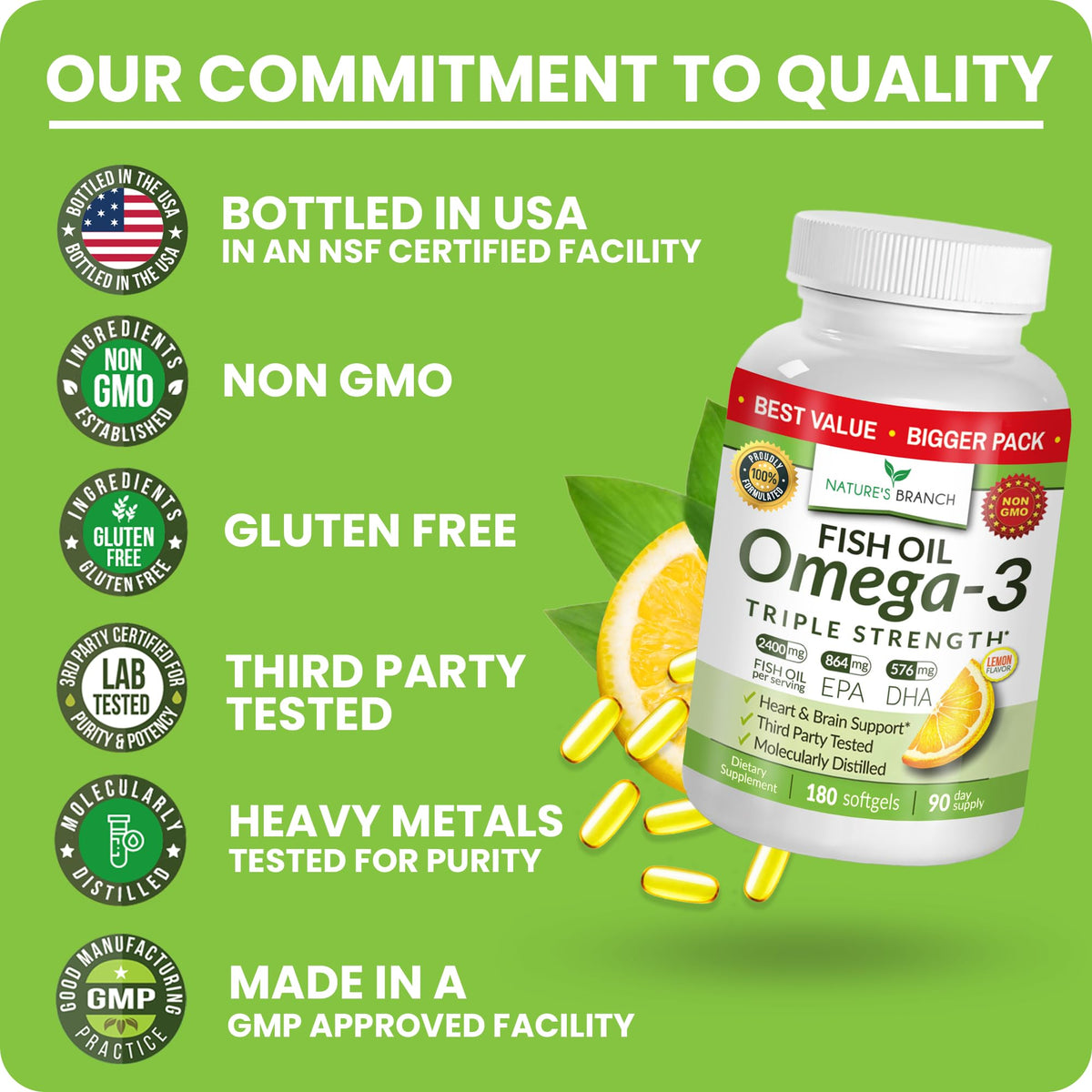 Triple Strength Omega 3 Fish Oil Supplements 2400mg | 180 Capsules, Burpless High Potency Lemon Flavor, High EPA DHA for Men & Women Ultra Pure Softgels