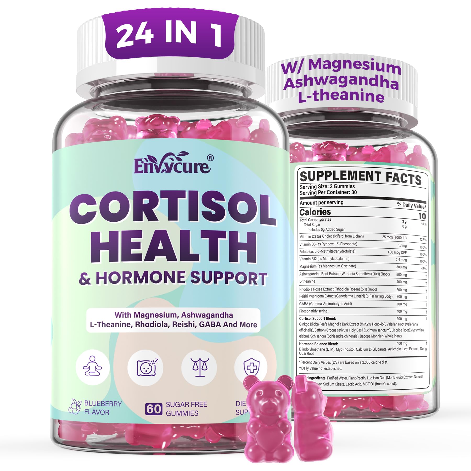 Cortisol Supplements for Women & Men, Cortisol Reducer Gummies w/ Magnesium, Ashwagandha, L-Theanine, Rhodiola, Reishi, 24 IN 1 Cortisol Detox Manager for Calm Mood, Focus & Relaxation,Vegan, 120 Cts EnvyCureBuy Supplements Australia
