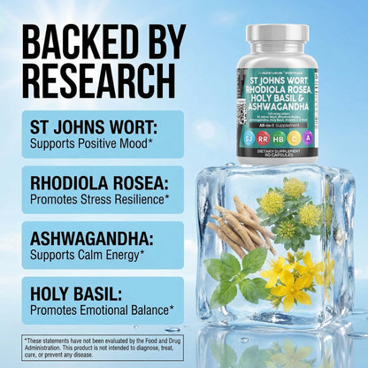 Clean Nutraceuticals St Johns Wort Rhodiola Rosea Holy Basil Ashwagandha - Mood Support for Women and Men with Vitamin C & Black Pepper Extract - 90 Caps Clean Nutraceuticals buy supplements Au