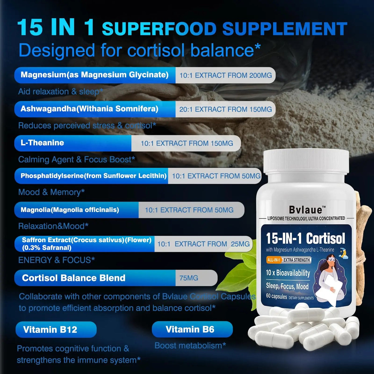 Bvlaue Cortisol Supplements for Women & Men - 15-in-1 Cortisol Reducer Manager Lower w/Ashwagandha,Magnesium,L-Theanine/Saffron Vitamin B6 & B12,60 Vegan CT for Stress Relief Sleep,Mood,Non-GMO BvlaueBuy Supplements Australia
