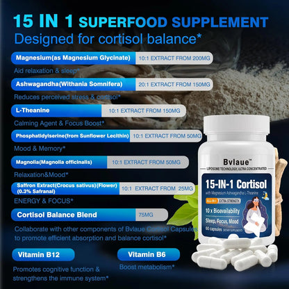 Bvlaue Cortisol Supplements for Women & Men - 15-in-1 Cortisol Reducer Manager Lower w/Ashwagandha,Magnesium,L-Theanine/Saffron Vitamin B6 & B12,60 Vegan CT for Stress Relief Sleep,Mood,Non-GMO BvlaueBuy Supplements Australia
