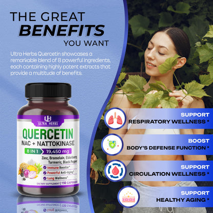 Quercetin 19,450mg 8 IN 1 with NAC, Nattokinase, Zinc, Bromelain, Elderberry, Turmeric ULTRA HERBSBuy Supplements Australia